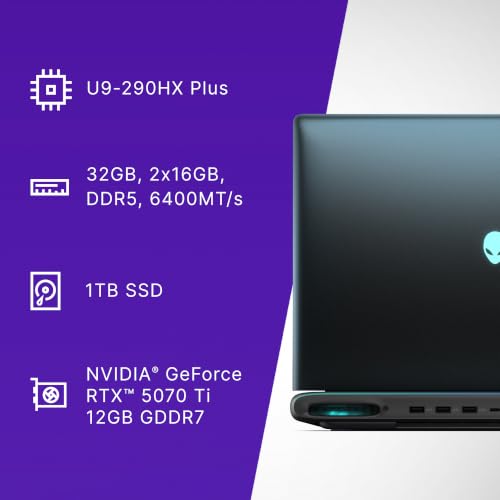 Alienware Dell Area 51 Gaming Laptop, AI Powered Intel Core U9-290HX Plus Processor, NVIDIA GeForce RTX 5070 12GB, 32GB RAM, 1TB SSD, 16" WQXGA OLED 240Hz, AlienFX RGB Lighting Keyboard, 3.4kg