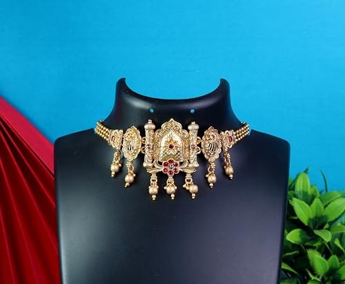 Khannak Traditional Rajwadi Gold-Toned Choker Necklace and Earrings Set with Red and Green Stones for Women for Wedding,Festivals and Occassions
