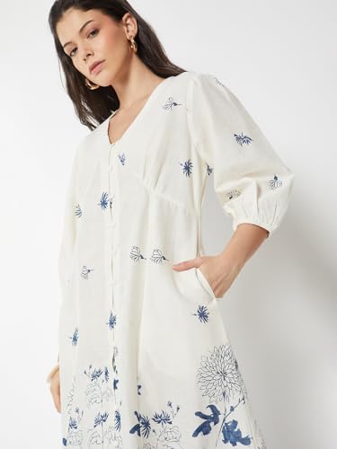 Max Women Floral Print A-Line Dress (Off White_S)