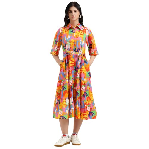 United Colors of Benetton Regular Fit Spread Collar Printed Dress (Size : S) - 26P4WVDRL164I901 Multicolour