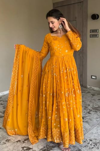 Fashion Basket Women's Faux Georgette Embroidered Yellow Anarkali Gown with Dupatta (X-Large)