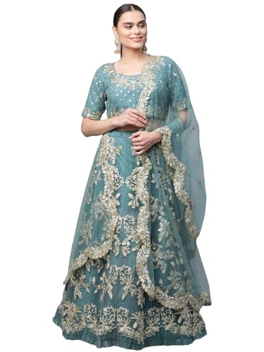 AG Clothing Women's Net Semi Stitched Lehenga Choli With Dupatta | Thread And Sequin Embroidery Pattern | Traditional, Wedding, Ethnic Wear Lehenga (AD-CINDERELLAm-VOL11m-8408-Turquoise)