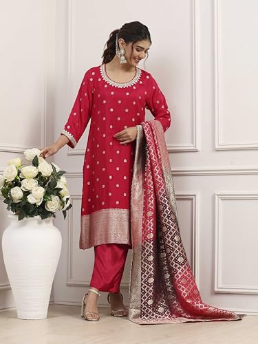BIBA Women Pink Viscose Rayon Straight Suit Set_42