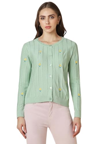 Women Green Embroidered Round Neck Casual Sweater
