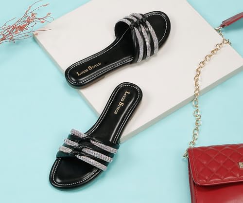 LOUIS STITCH Women's Fashion Flat Slip On Sandals | Open Toe Black Stylish Flat Sandal for Ladies, Comfortable All day Wear Slipper | LSOF-LDSL-GLTSJB | (UK-3)