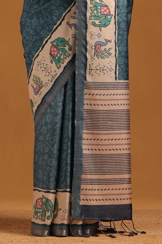 Soch Womens Blue Tussar Botanical Saree