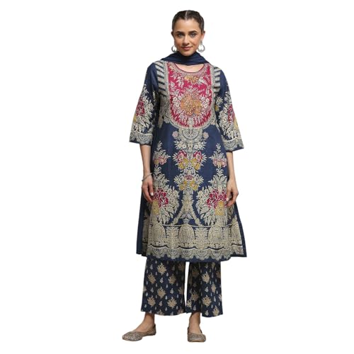 Biba Women Blue Cotton Straight Printed Suit Set_34