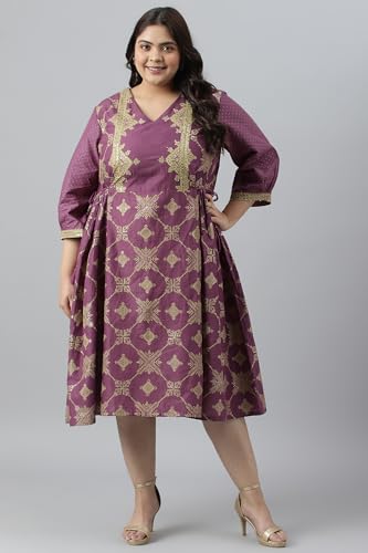 W for Woman Women's Cotton Plus Size Purple Festive Gathered Dress with Sequin Calf Length Orchid - SaumyasStore