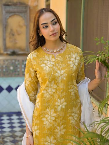 Divena Mustard Floral Print Cotton Straight fit Kurta Pant with Dupatta