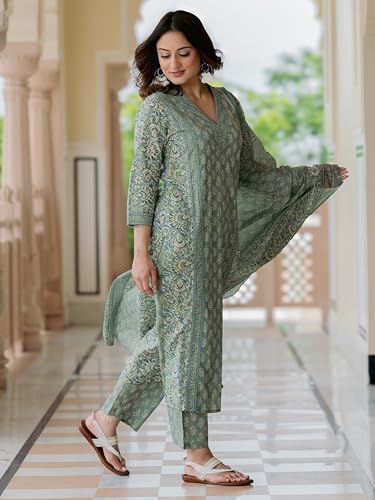 Arayna Women’s Cotton Printed Kurta Set with Pants & Dupatta | Elegant Ethnic Wear for Women | Floral Print | Comfortable Suit Set, Pastel Green, Small