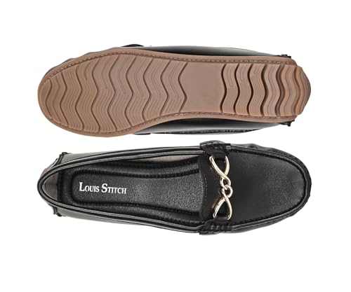 LOUIS STITCH Women's Black Premium Slip-On Loafers with Buckle | Elegant Solid Slip-On Comfort Shoes for Casual and Formal Wear | Slip-On Loafer Shoes for Women | LSLD-BLR-HS02 | UK-5