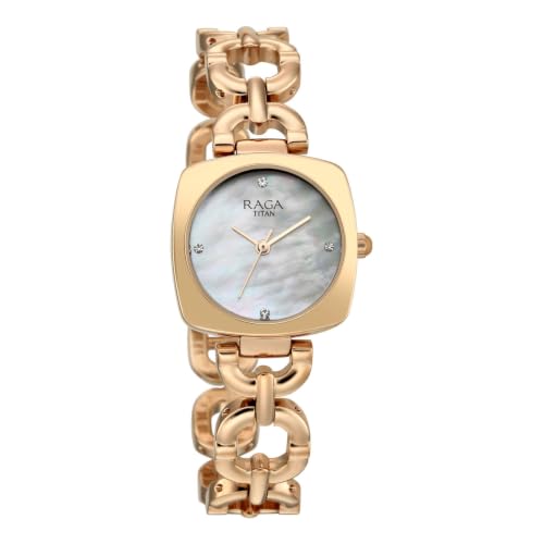 Titan Raga Showstopper 5.0 Quartz 3 Hands Shaped White MOP Dial, Rose Gold Strap Watch for Women - 95481WM01