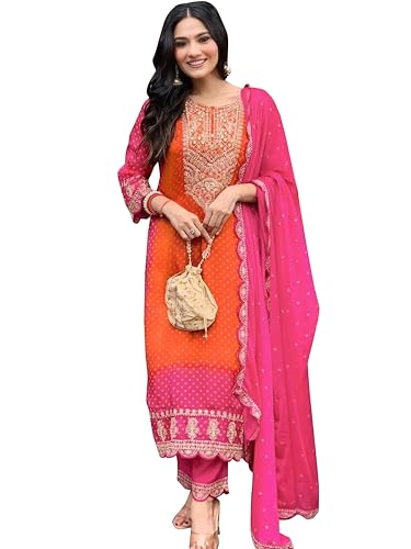 TRENDMALLS Women's Chiffon Embroidery Bandhani Print Salwar Suit Set Kurta Pant with Dupatta (G289-Orange-3XL-)