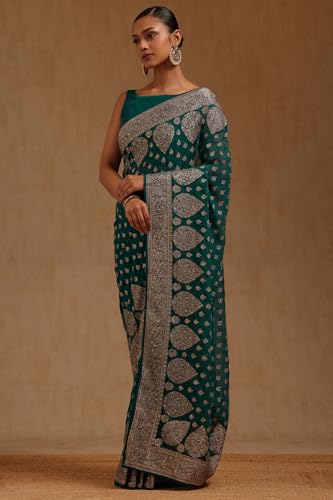 Soch Womens Turquoise Blue Georgette Embroidered Saree With Stone Work