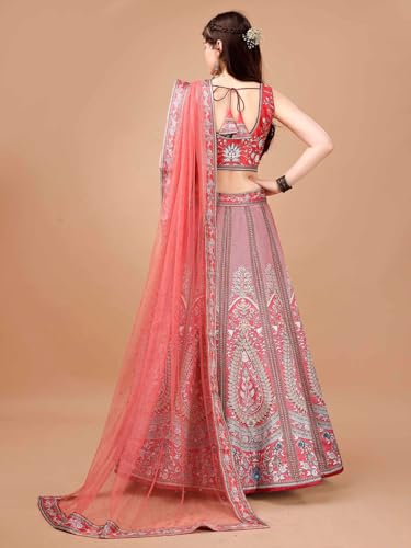 SAPTRANGI Women's Printed Ready to Wear Lehenga & Blouse with Dupatta (Pink & Grey, XS)