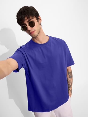 The Souled Store Solids: Electric Blue Men and Boys Short Sleeves Round Neck Cotton Oversized T-Shirts