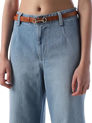 ONLY Women's Solid Wide Leg Blue Jeans with Belt