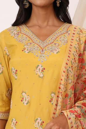 W for Woman Mustard Yellow Printed Short Shantung Kurti, Culottes and Dupatta Set (Size: XS)-WS12644-125062