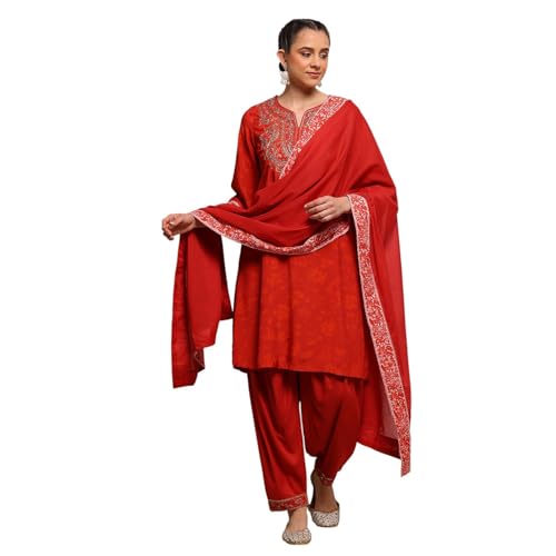 Biba Women Burnt Orange Viscose Blend Straight Printed Suit Set_32