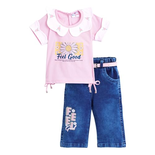 Hopscotch Girls Short Sleeves Pink 2-Pc Typographic Blouse & Denim Jeans (6-12 Months)