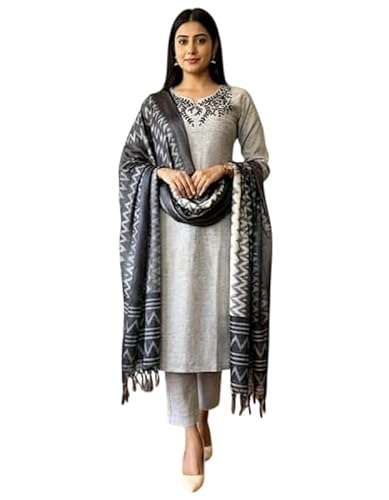 Kurthnic Women's South Cotton Embroidered Kurta with Pant & Dupatta BLACK_XL