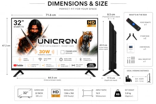 UNICRON 32 Inch Frameless Smart LED TV | Voice Control Android Smart TV | Bluetooth, WiFi, Screen Mirroring | HD Ready Display | HDMI, USB Connectivity | Smart Television for Home | Premium A+