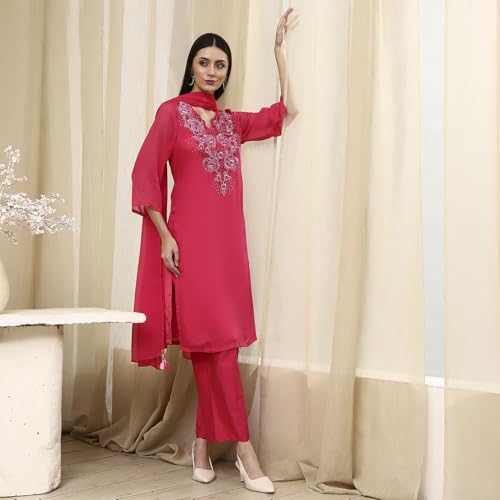 Biba Women Fuchsia Embroidered Straight Suit Set_38