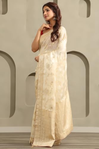 Soch Womens Cream Satin Botanical Zari Woven Saree