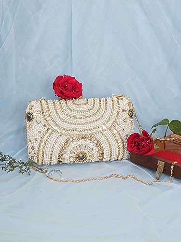 FABBHUE Women's White & Gold Beaded Hand Embroidered Party/wedding/Ethnic Box Clutch Bag Frame Purse with shoulder chain strap
