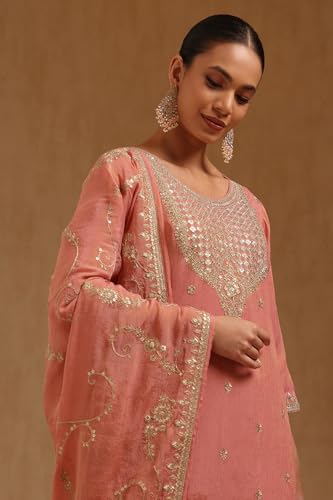 Soch Womens Peach Tissue Embroidered Suit Set With Zari