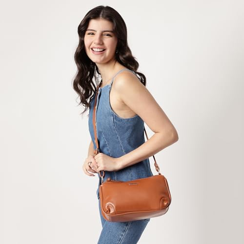 Fastrack Tan Sling Bag for Women | Minimal Faux Leather Crossbody with 2 Zippered Compartments & Quick-Access Pocket | Adjustable Strap Sling for Everyday Outings & College