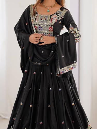 JIHU CULTURE Women's Natural Silk Coding Dori With Sequence Embroidery Work Semi Sttiched Lehenga Choli Set For Wedding (Black)