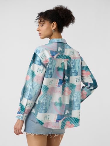 The Souled Store Mickey Mouse: Toodles Women and Girls Long Sleeves Collared Neck Button Front Blue Printed Cotton Boyfriend Shirts