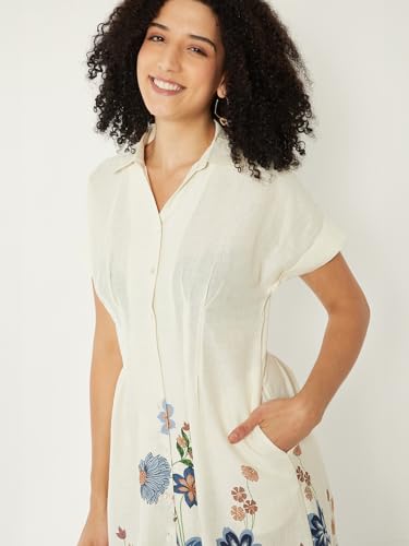 Max Women Floral Print Shirt Dress(White_XS)