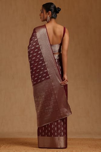 Soch Womens Wine Georgette Floral Zari Woven Saree
