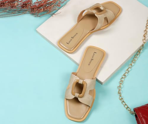 LOUIS STITCH Women’s Fashion Flat Slip On Sandals | Open Toe Beige Stylish Flat Slipper for Ladies, Comfortable All Day Wear Slipper (LSOF-LDSL-SQBBGD) (Size- 8 UK)