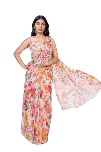 W for Woman Pink Floral Printed Pre-Draped Georgette Saree with Blouse - (WS13895-127624-L)