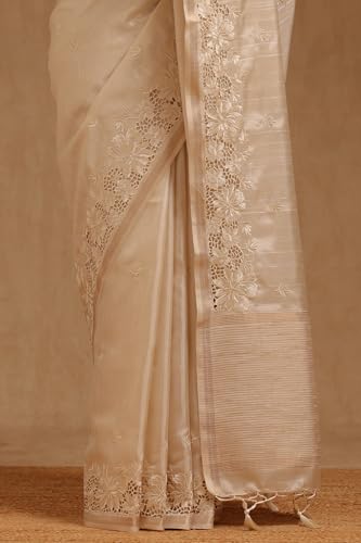 Soch Womens Cream Tussar Hand Embroidered Saree With Tassels