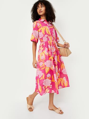 Max Women's Cotton A-Line Midi Dress (TS56004_Multi Multicolour
