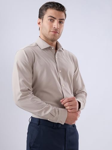 Raymond Men Regular Fit Knitted Pattern Pure Polyester Semi Cutaway Collar Full Sleeve Tail Bottom Hem Formal Shirt Dark Fawn