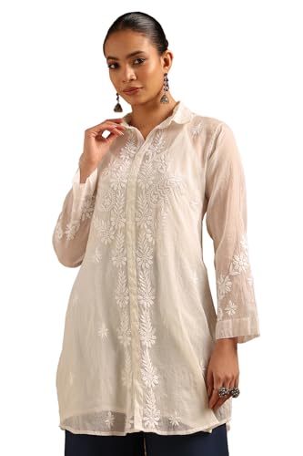 Soch Womens Off White Chanderi Floral Tunic with Thread Work