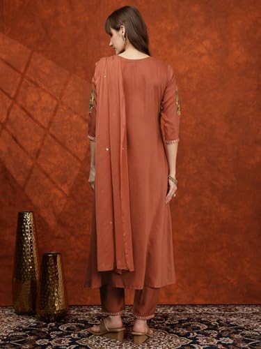 NIVANA Mirror Embroidered Kurta with Pant & Embroidered Dupatta | XL | Rust