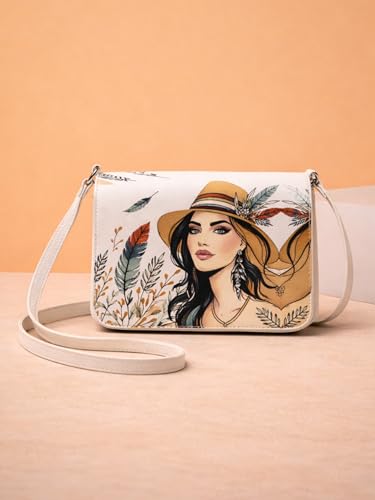 ITALISH Floral Art Print Crossbody Bag Leather Sling Bag with Magnetic Closure (White)
