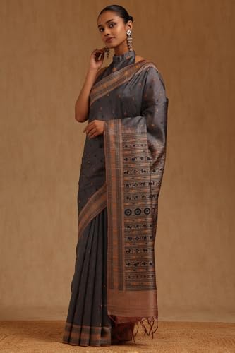 Soch Womens Grey Tussar Zari Woven Saree