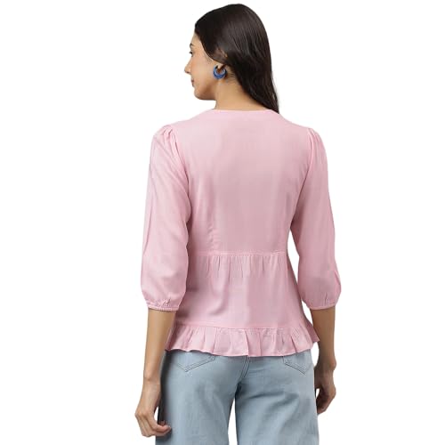 Latin Quarters Women Pink V-Neck Three-Quarter Sleeves Solid for Casual Wear_XXL