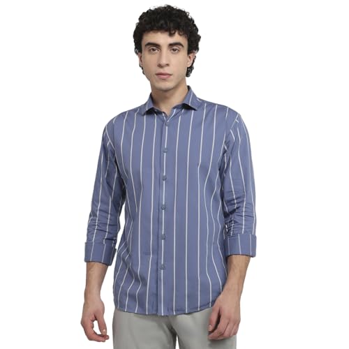 Park Avenue Men Slim Fit Stripe Pattern Pure Cotton Short Collar Full Sleeve Round Hem Casual Shirt Dark Blue