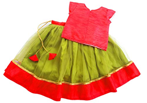 Stanwells Kids Girls Pea Green & Red Lehenga Choli Set | Net Embroidered Ethnic Dress | Traditional South Indian Pattu Pavadai (7–8 Years)