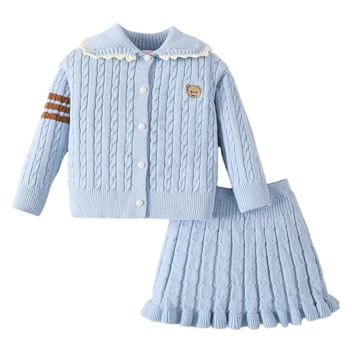 Hopscotch Girls Full Sleeves Blue 2-Pc Cable Knit Skirt Set (18-24 Months)