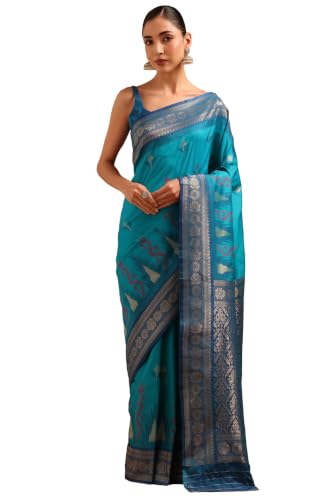 Soch Womens Turquoise Blue Silk Blend Zari Woven Saree