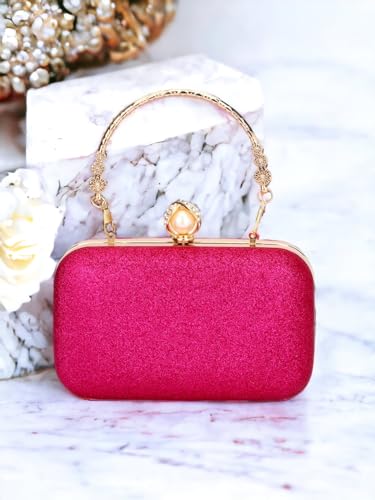 TOOBA Hot Pink Glitter Clutch Bag for Women – Elegant Party Purse with Gold Handle & Pearl Clasp, Perfect for Weddings, Festive Looks & Evening